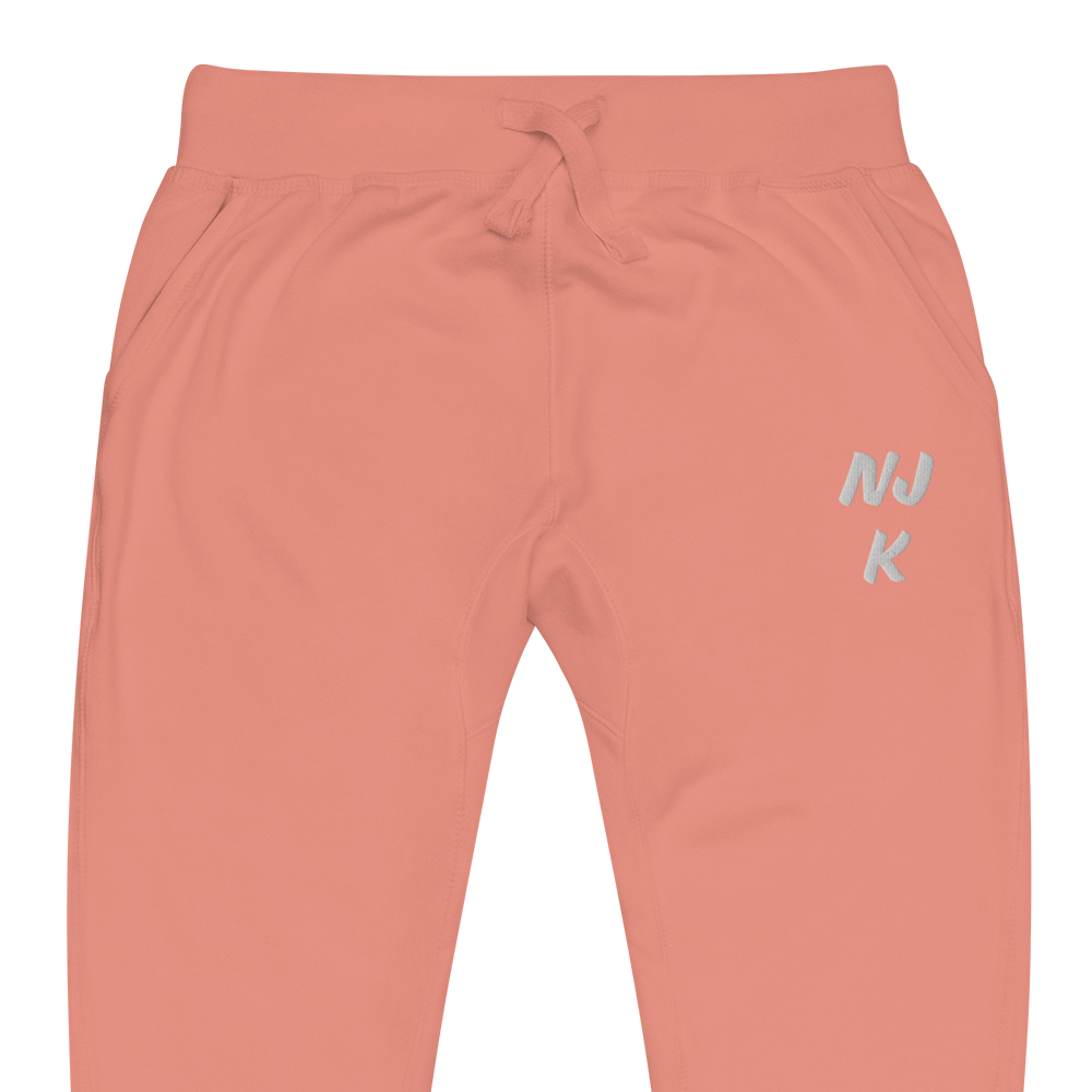 White NJK Unisex Embroidered Fleece Sweatpants